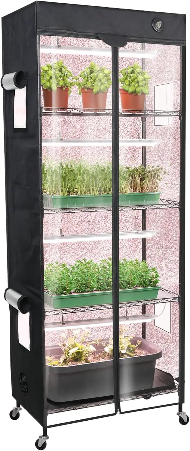 WORTH Mini Greenhouse with LED Grow Lights & Digital Thermo-Hygrometer – Portable Indoor Plant Grow Tent with Oxford Fabric Cover, Adjustable Shelves, Casters & Ventilation Flaps for Seed Starting by GreenHaven Gardens