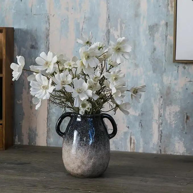 Blue Gradient Ceramic Vase with 2 Handles, Modern Farmhouse Decor, Rustic Terracotta Pottery, Decorative Clay Flower Vase, Centerpiece for Dining Table - 7 Inch by GreenHaven Gardens