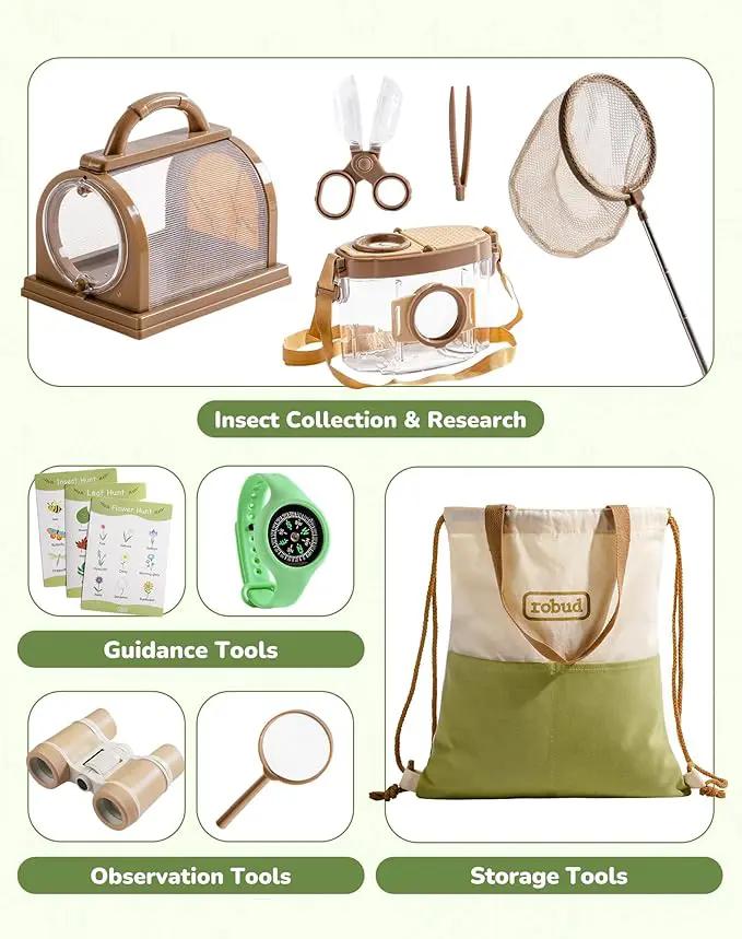 ROBUD Upgraded Kids Explorer Kit, Bug Catcher Kit with Wild Adventure Binoculars, Green Outdoor Exploration Set for Camping, Montessroi Toy for Kids Coming Closer to Nature，WRP30 by GreenHaven Gardens