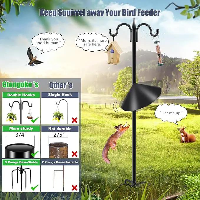 Gtongoko Bird Feeder Pole Squirrel Proof, 92 Inch Double Shepherds Hook for Outdoor with Squirrel Baffles Adjustable Heavy Duty with 5 Prongs Base for Hanging Plants, Bird Feeders, Black by GreenHaven Gardens