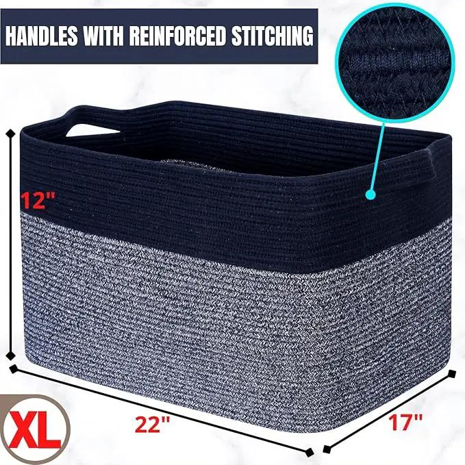 MINTWOOD Design 22in Extra Large Blanket Basket Holder for Living Room, Rectangle Rope Woven Storage Bin with Handles for Laundry, Pool Towels, and Shoes, Dog Toy Box Organizer, Navy Blue by GreenHaven Gardens
