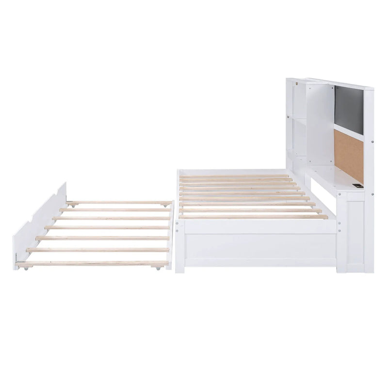 Twin Size Daybed With Storage Shelvesboard, Cork Board, USB Ports And Trundle - White by HouseOfZazla