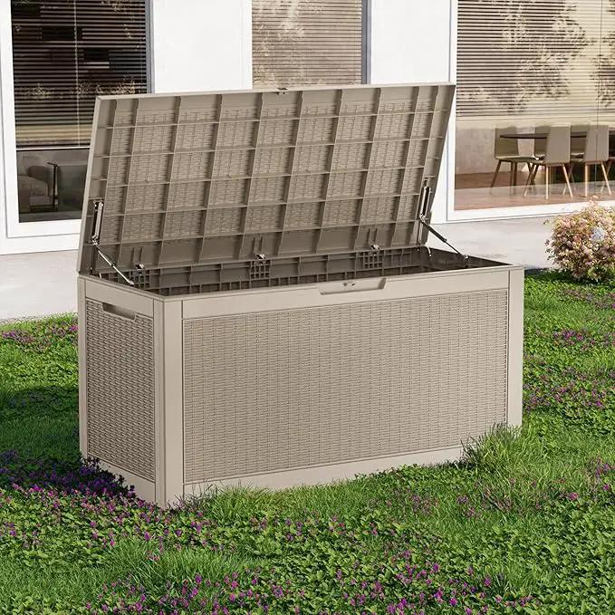 100 Gallon Waterproof Outdoor Storage Box,Resin Deck Box,Lockable Outside Storage Box Container for Patio Furniure,Garden,Pool Tools (100 Gallon,Grey pattern) by GreenHaven Gardens