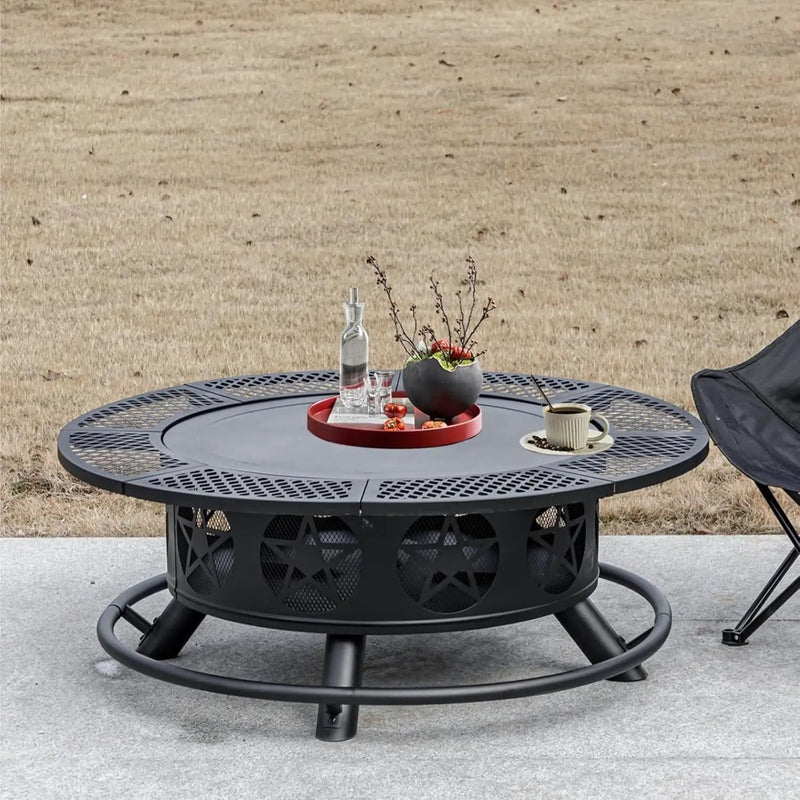36 Inch Fire Pit with 2 Grills, Wood Burning Fire Pits for Outside with Lid & Poker, BBQ& Outdoor Firepit & Round Metal Table 3 in 1 for Patio, Picnic, Party by GreenHaven Gardens