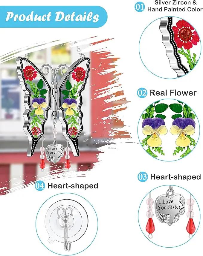 KY&BOSAM Butterfly Suncatcher I Love You Sister Stain Glass Suncatchers for Window Hanging Wind Chime Pressed Flower Between Wings and Charm Birthday Gifts for Women Mother's Day Valentine's Christmas by GreenHaven Gardens
