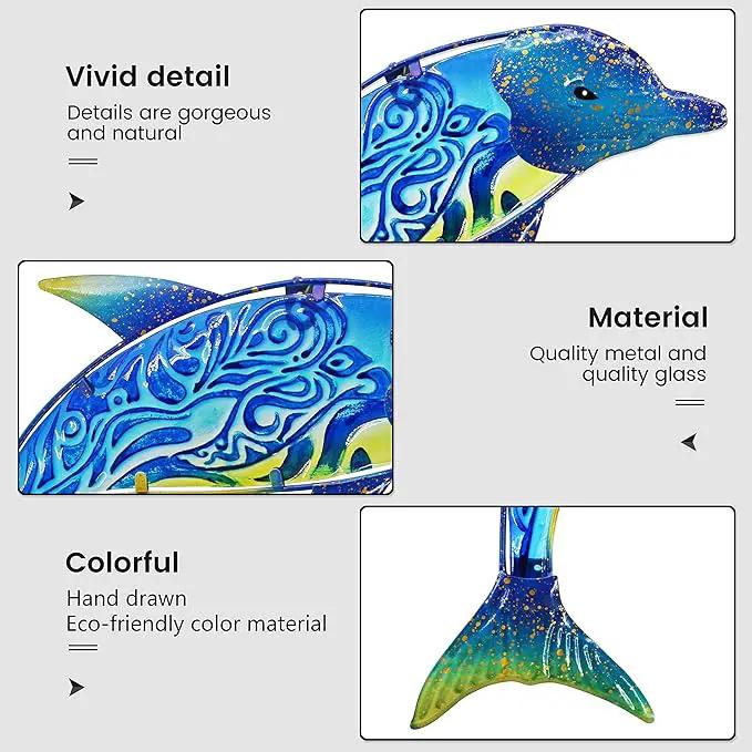 John's Studio Dolphin Wall Decor Outdoor Metal FIsh Sea Hanging Art Glass Sculptures Home Ocean Theme Decorations for Living Room, Bedroom, Yard, Fence and Patio - 17.5 Inches by GreenHaven Gardens