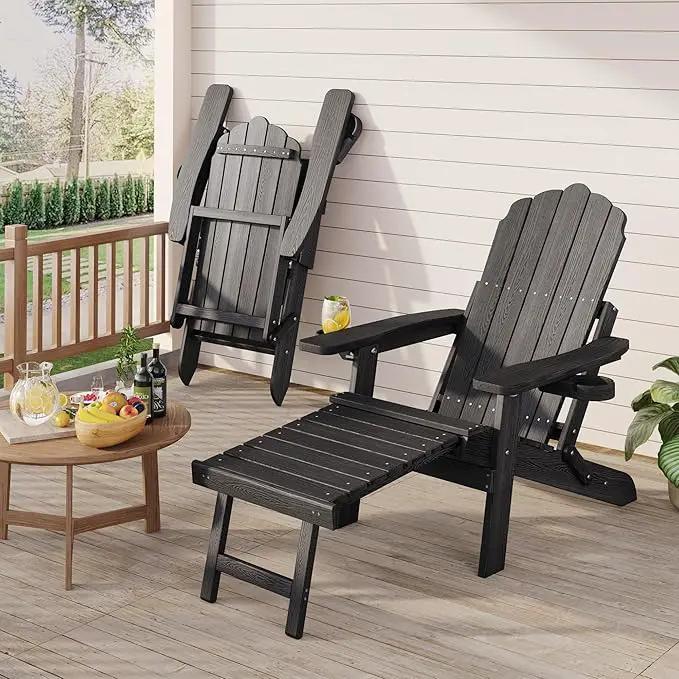 Folding Adirondack Chair with Retractable Ottoman Fire Pit Patio Chair with Adjustable Backrest, 2 Cup Holder Weather Resistant Outdoor, Patio, Lawn, Garden, Backyard Deck, Fire Pit, Black by GreenHaven Gardens