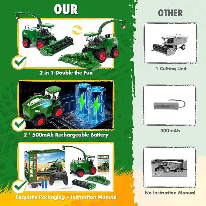 Remote Control Combine Harvester Tractor Toy, 1/24 Scale RC Harvester Toys for Kids with 2 Grian Heads/2 Rechargeable Batteries/Light, Farm Toys for 4 5 6 7 8 9 Year Old Boys Birthday Gift by GreenHaven Gardens