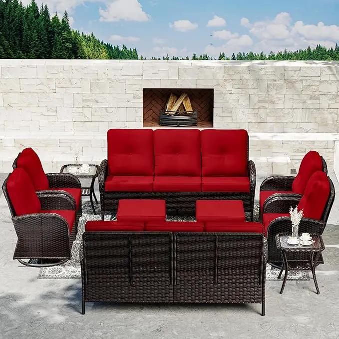 Joyside 10 Piece Patio Furniture Set, Outdoor Wicker Conversation Sets with Swivel Rocker Chairs and Sofa, Thick Cushion, Rattan Patio Sectional for Porch, Deck Use (Brown/Red, 10 PCS) by GreenHaven Gardens