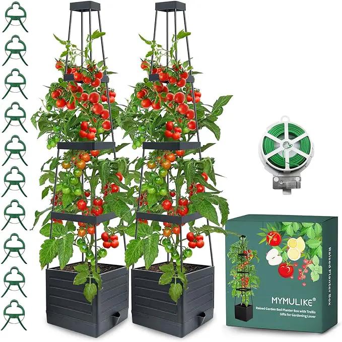 Raised Garden Bed Planter Box with Trellis, 58” Tomato Cage Planter Raised Garden Bed with Trellis for Climbing Vegetables Plants Tomato Cage w/Self-Watering, Indoor Outdoor Use (2) by GreenHaven Gardens
