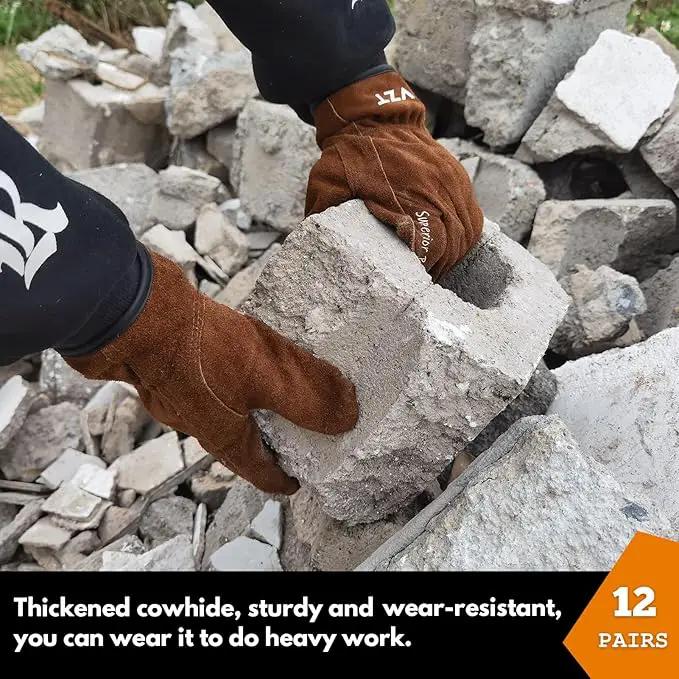 12 Pairs Bulk Leather Work Gloves for Men or Women for Gardening, Construction, Truck, Driving, Farm, Ranch, Woodworker, Soft, Cowhide Thickened, Water Resistant, Brown, Medium by GreenHaven Gardens