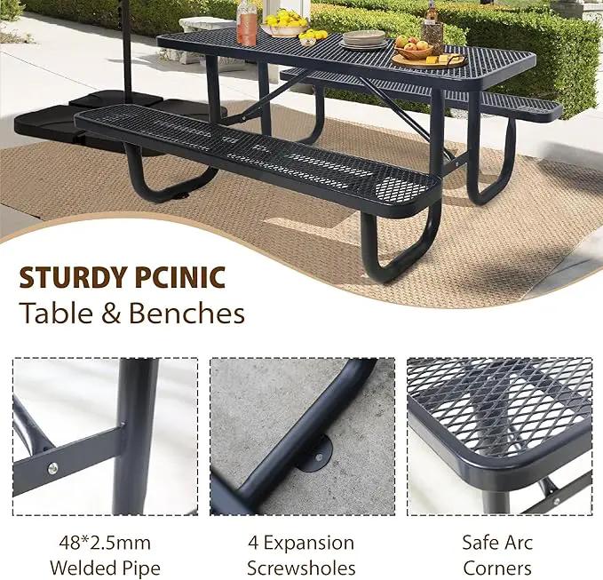 4FT Metal Picnic Tables for Outdoors, Commercial Rectangular Picnic Table and Bench Set for Outside, Patio, Garden, Backyard, Porch, Surface Mount, Black by GreenHaven Gardens