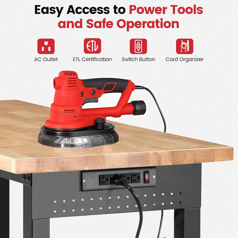 Workbench for Garage with Wheels 60 x 22 Inch Heavy Duty Rubberwood Tabletop Work Table with Under Table Shelf, Pegboard, Power Outlets for Woodworking Shop Home Office by GreenHaven Gardens