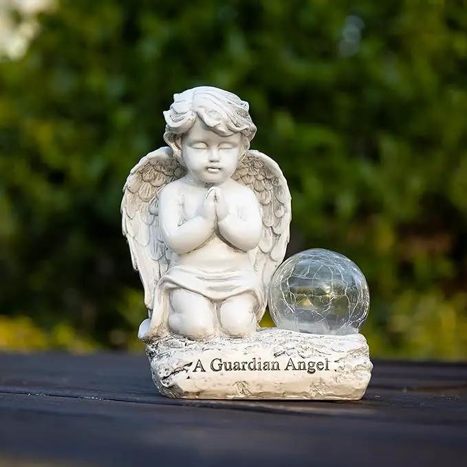 Angel Decor Praying Cherubs Statue, Garden Decor with Solar Crackle Glass Globe for Lawn Patio Decorations by GreenHaven Gardens