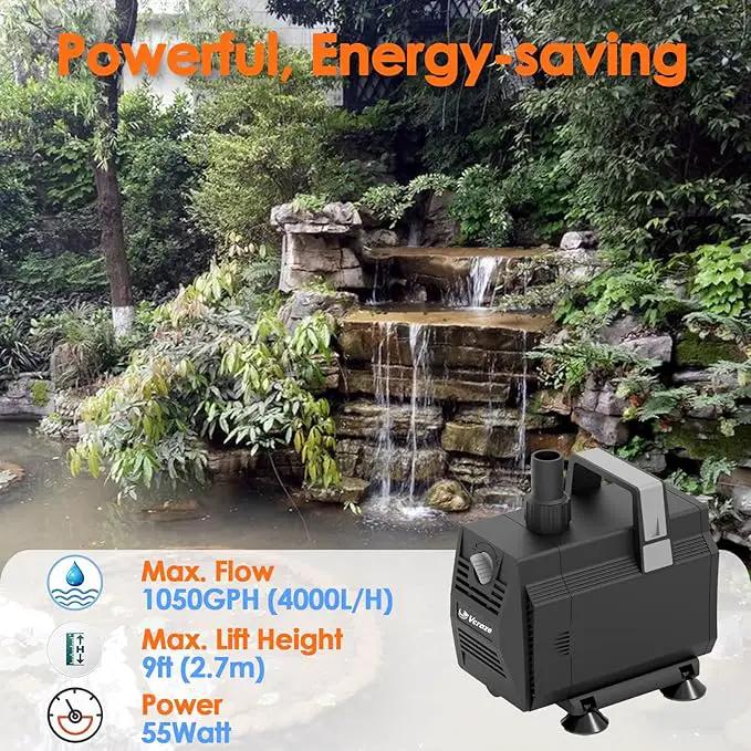 Submersible Water Pump 1050GPH/55W Fountain Pumps with Flow Control, Pond Pump Submersible Outdoor with 10ft 3-Core Power cable for Hydroponics, Aquarium, Waterfall, Statuary, Water feature by GreenHaven Gardens