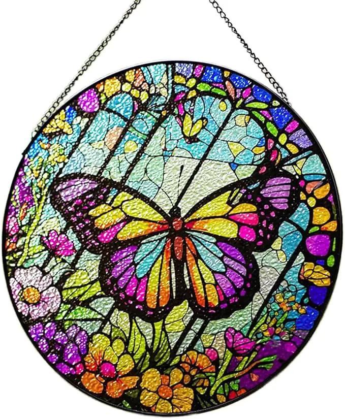 Butterfly Stained Glass Suncatcher Artistic Window Hanging,7.8” Hand-Painted Glass Panel Wall Home Decor,Gift for Women Garden Decor Suncatcher, BL009 by GreenHaven Gardens