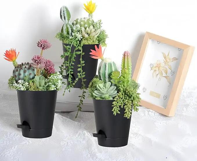 12 Pack 4 Inch Self Watering Plant Pots with Drainage and Saucers，Plastic Flower Pots for Indoor and Outdoor Plants, Nursery Planters for Houseplants and Herbs Black, 4 inch 12pcs by GreenHaven Gardens