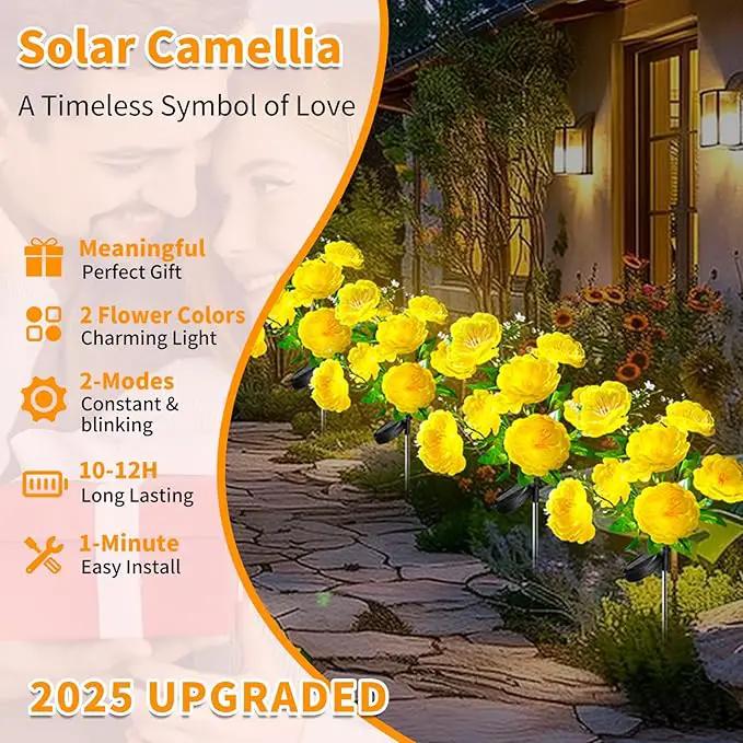 Neporal Solar Flowers Outdoor Waterproof, 4PK 7-Stem Yellow Camellia with 2 Lighting Modes & Romantic Warm Light, Solar Lights Outdoor Decorative for Garden, Yard, Pathway, Gardening Gifts for Women by GreenHaven Gardens