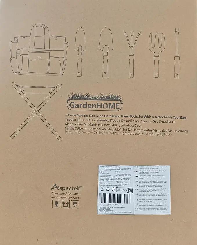 Gardening Tool Set, Stainless Steel 7-Piece Gardening Tools with Heavy-Duty Folding Stool and Detachable Canvas Tote Bag, Black and Orange, Ideal Gardening Gifts for Women and Men by GreenHaven Gardens