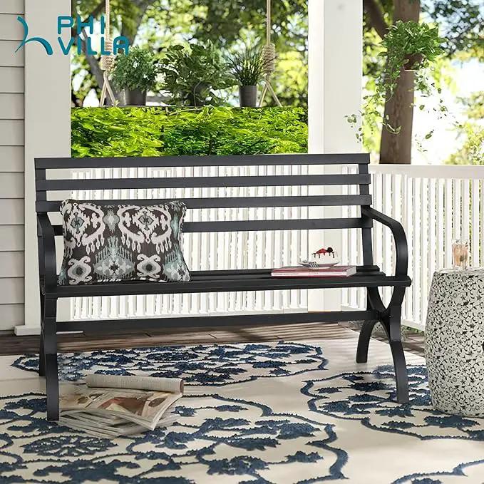PHI VILLA Outdoor Garden Bench, 48” Long Metal Steel Bench with Backrest and Armrests, Modern Slatted Design for Patio, Lawn, Yard, Porch - Black by GreenHaven Gardens