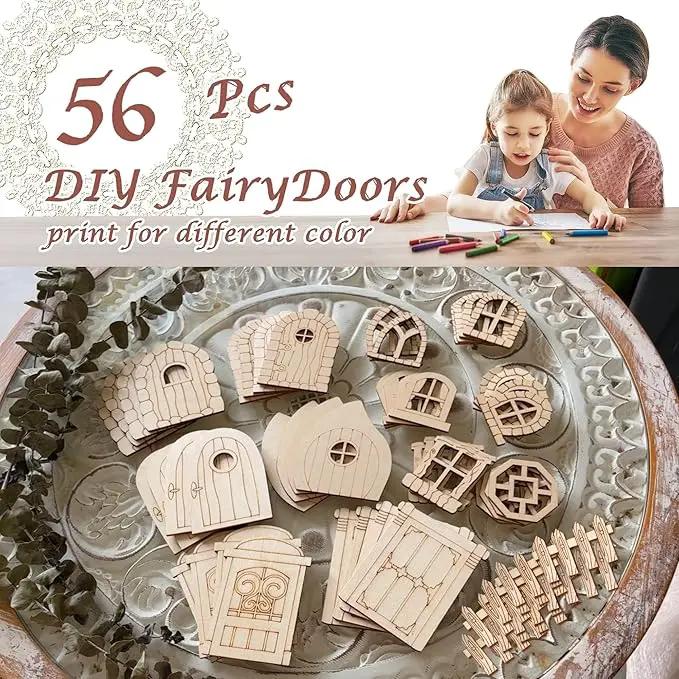 56 Pcs Fairy Door & Window Craft Kit - Wooden Garden Doors, Mini Fences, Unpainted Miniature Accessories for Home Party Event Decor - DIY Fairy House Decorations (Antique) by GreenHaven Gardens