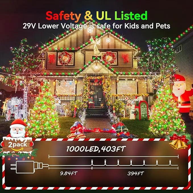 Hezbjiti 2 Pack 1000 LED 403 FT Christmas String Lights Outdoor, 8 Lighting Modes IP44 Waterproof Fairy Lights with Timer and Dimmable Function for Party Tree Decorations (Red+Green, Clear Wire) by GreenHaven Gardens