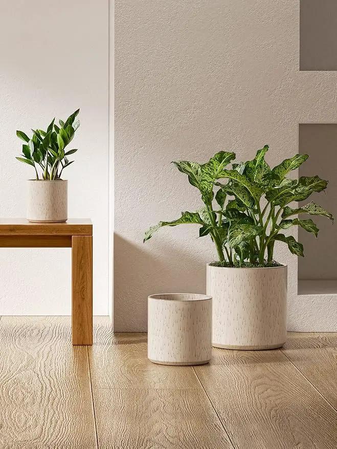 LE TAUCI Ceramic Plant Pots Indoor, 10+8+6 Inch Planters for Indoor Plants, Mid-Century Modern Flower Pots with Drainage Hole and Plug, Cylinder Round Planters, Set of 3, Reactive Glaze Beige by GreenHaven Gardens