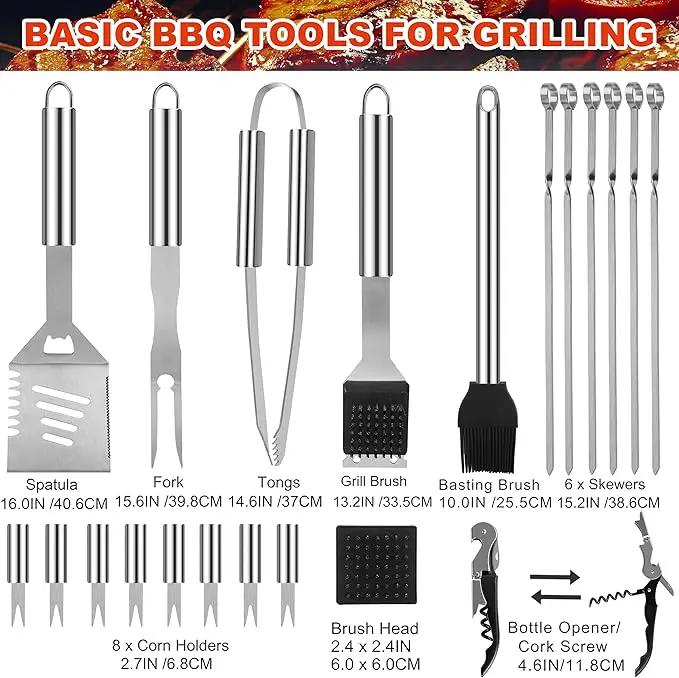 Grilljoy BBQ Accessories Grill Tools Set - 22PCS Stainless Steel Barbecue Grill Accessories for Outdoor Grill with Black Aluminum Case - Grilling Gifts for Men Dad -Grill Tools Kit by GreenHaven Gardens
