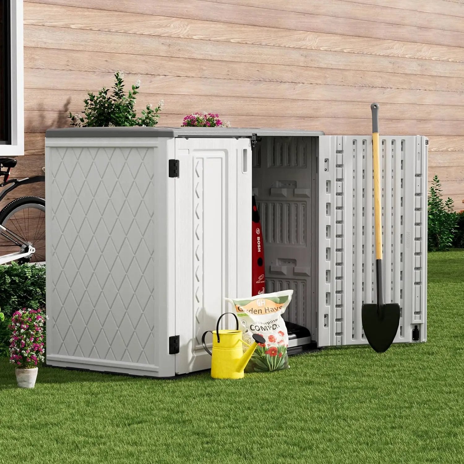 ZZM 4x3FT Heavy-Duty Outdoor Storage Shed | 34 Cu.Ft Waterproof Resin Cabinet with Double-Wall | UV-Resistant & Lockable for Garden Tools, Bikes, Patio Furniture (Wood Grain Texture) by GreenHaven Gardens
