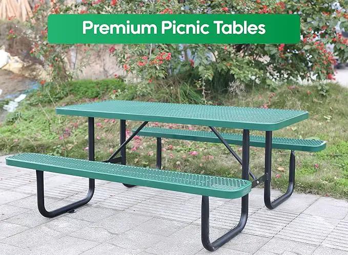 6FT Metal Picnic Tables for Outdoors, Commercial Rectangular Picnic Table and Bench Set for Outside, Patio, Garden, Backyard, Porch, Surface Mount, Green by GreenHaven Gardens