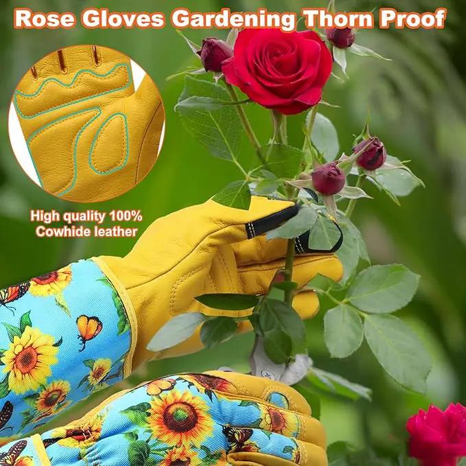 DLY Gardening Gloves for Women, Rose Gloves Gardening Thorn Proof, Long Garden Gloves for Women, Breathable Cowhide Leather Gauntlet (X-Large, Blue) by GreenHaven Gardens