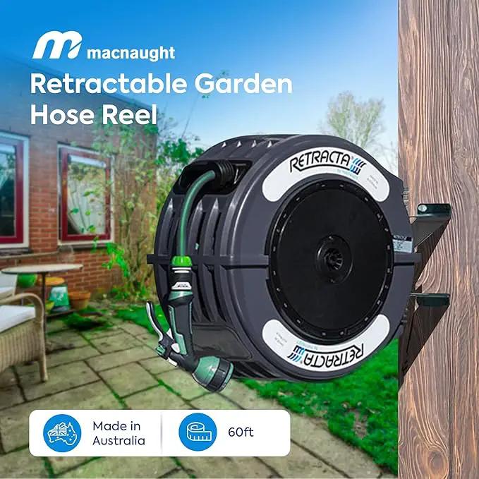 Macnaught Retractable Garden Hose Reel, 60 Ft Water Hose Reel Heavy Duty Retractable Hose with Metal 180° Swivel Rotation Bracket for Wall Mount - Gray by GreenHaven Gardens