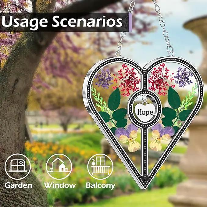 KY&BOSAM Heart Suncatcher Hope Stained Glass Panels for Windows Hangings Wind Chime with Pressed Real Flower Heart Embedded in Glass Friend Gifts- Birthday Gifts for Women Mother`s Day Christmas Decor by GreenHaven Gardens