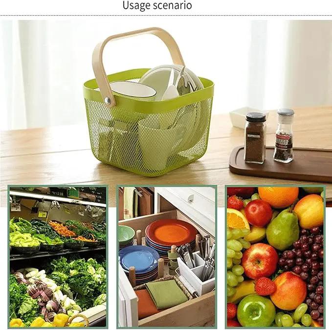 Metal Mesh Steel Basket, Storage Organizer Basket Multi-functional Hanging Kitchen Baskets Fruit Basket with Wooden Handle for Kitchen Bathroom Picnic Shopping Decor Cabinet Home, Macaron Green by GreenHaven Gardens