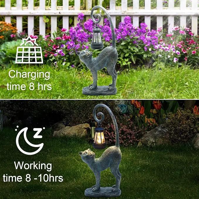 Resin Cat Statue with Solar Lantern, Eye-catching Garden Sculpture Decor，15.3" Height Outdoor Figurine for Garden Yard Patio Decorations，Birthday Gifts by GreenHaven Gardens