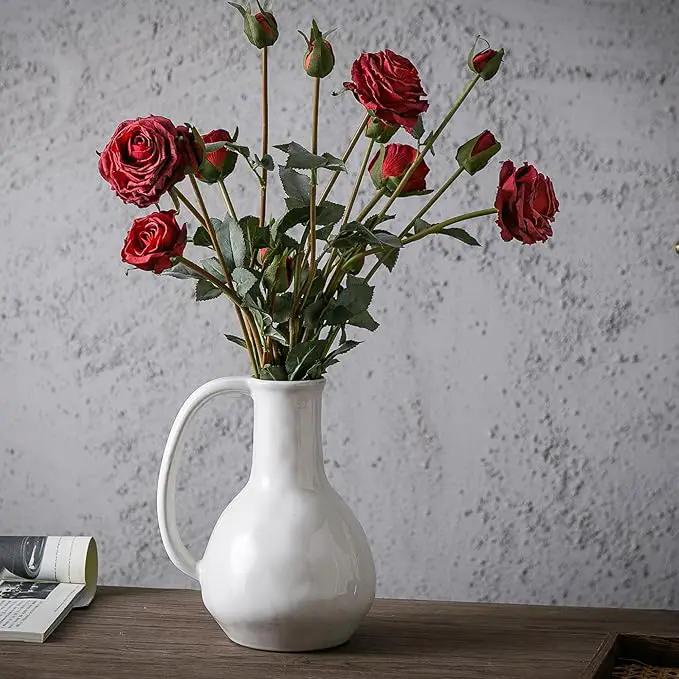 White Ceramic Vase with Big Handles, Modern Farmhouse Decor, Rustic Pottery for Flowers, Decorative Terracotta Centerpiece for Dining Table by GreenHaven Gardens