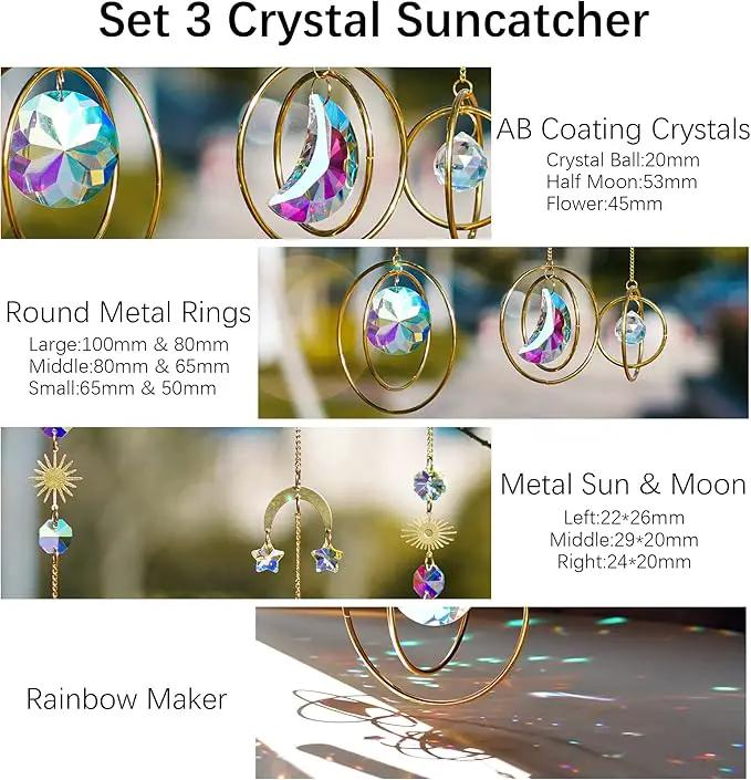 Set 3 Crystal Hanging Decorations - Sun & Moon Rainbow Crystal Suncatcher Window Car Hanging Prisms Ornament Pendant,Boho Love Wall Decoration,Home Garden Decor Gift by GreenHaven Gardens