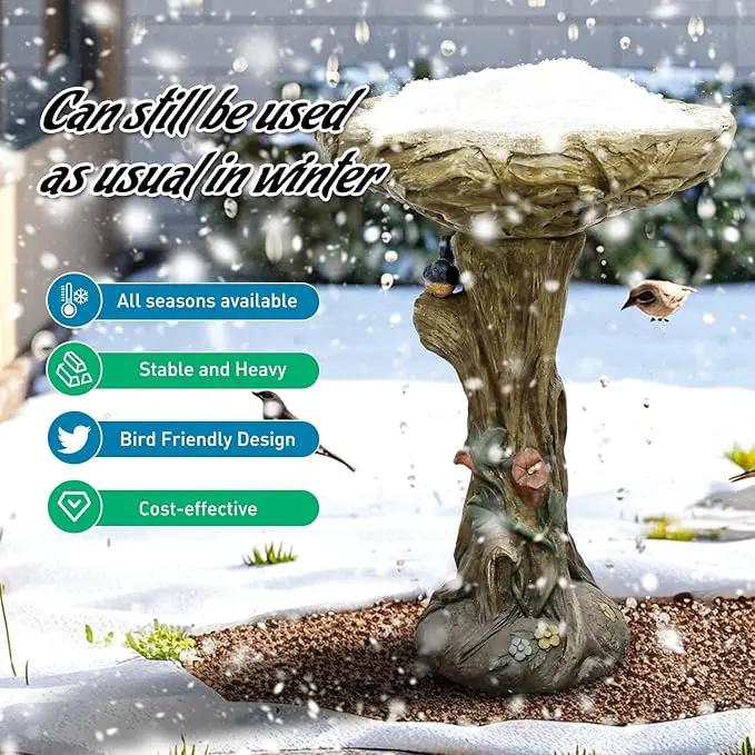 SunJet 25.5 Inch Heigh Wood-Look Concrete Bird Bath with Decorative Faux Bird – birdbath Rustic & Long-Lasting Design, Enhances Garden, Patio, Yard, Lawn Décor by GreenHaven Gardens