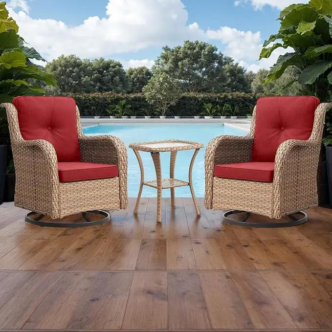 Outdoor Patio Swivel Rocker Chairs - 3 Piece Patio Bistro Set,Wicker Patio Furniture Set with 2 Swivel Rocking Chairs and 1 Glass Top Side Table for Deck Porch Garden,Yellow/Red by GreenHaven Gardens
