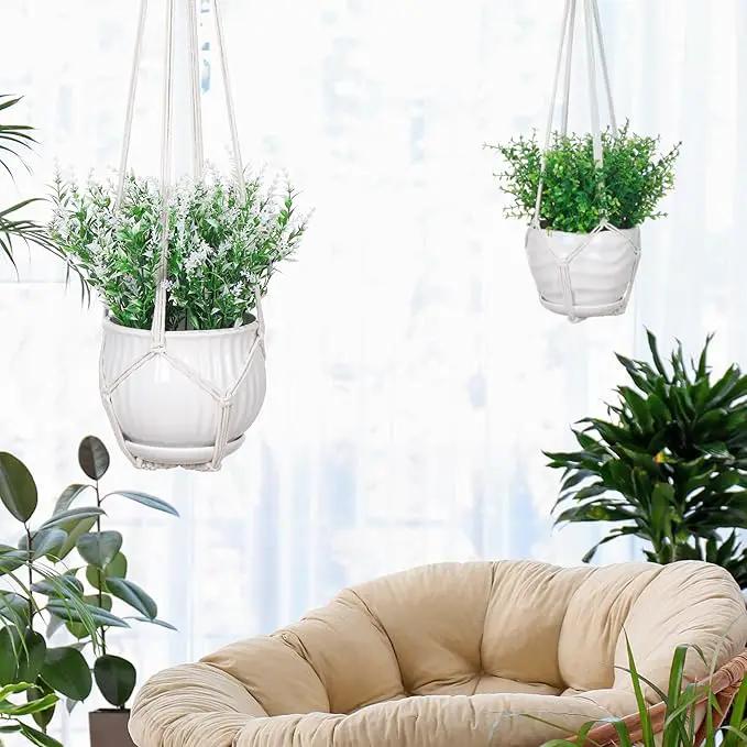 YIBOT 3 Pack Macrame Plant Hanger Indoor Hanging Planter Basket with 3 Hooks, 35"/29"/23" Crochet Plant Holder Stand No Tassels for Indoor Outdoor Boho Home Decor, Ivory (POTS NOT Included) by GreenHaven Gardens