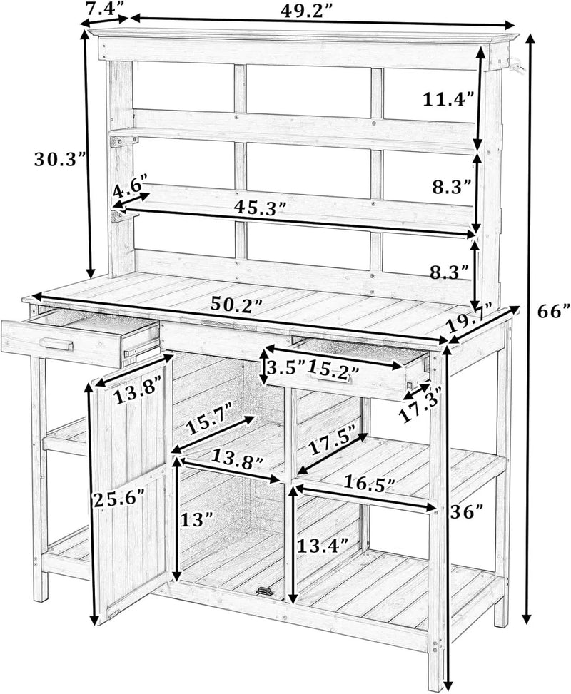 Merax 66" Large Outdoor Farmhouse Wooden Potting Bench Table, Garden Workstation with 2 Drawers, Cabinet, and Open Shelves for Backyard, Mudroom, White by GreenHaven Gardens