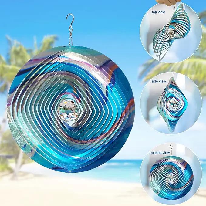 FONMY Mandala Wind Spinner w/Crystal Ball 3D Stainless Steel Hanging Wind Spinner Worth Gift Christmas Decoration Indoor/Outdoor Garden Décor Kinetic Yard Art 12 Inches Multi Blue Wind Sculpture by GreenHaven Gardens