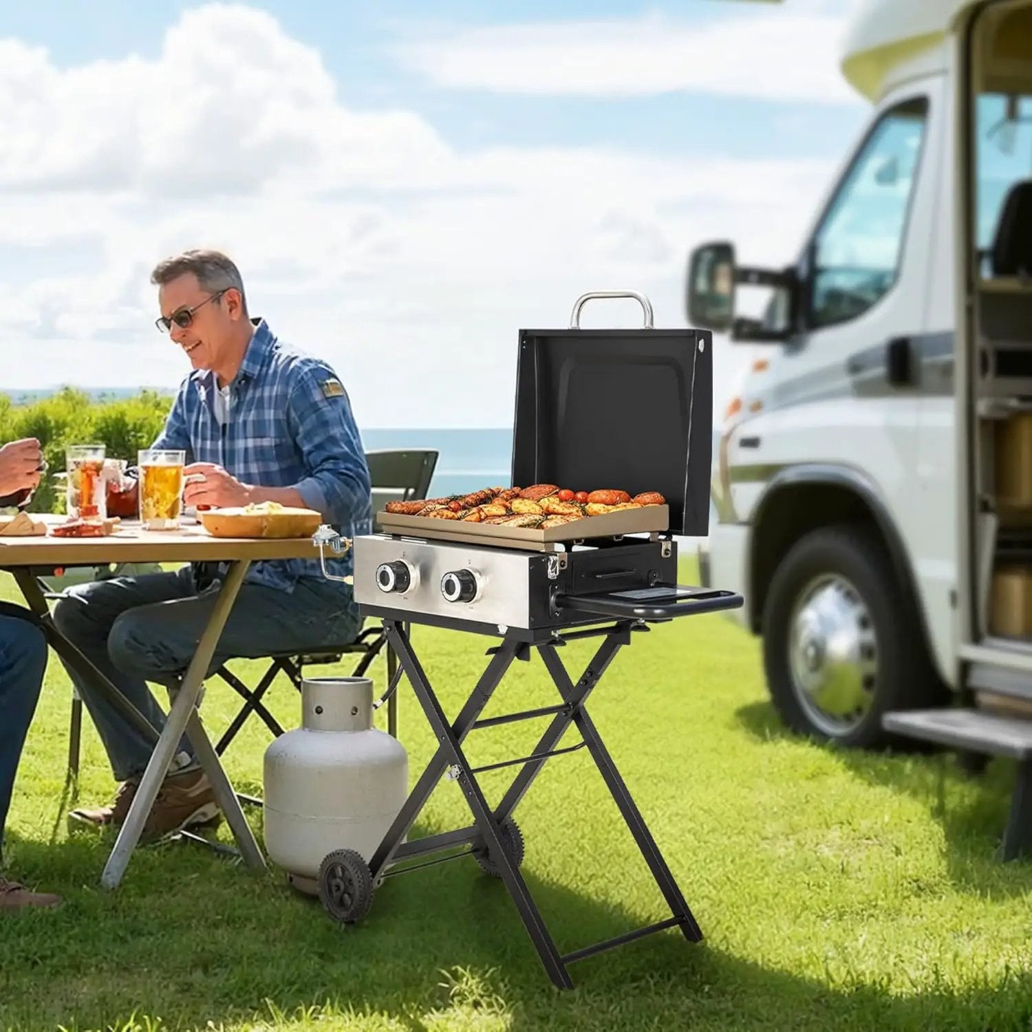 GREEN PARTY 2 Burner BBQ Propane Gas Griddle with Collapsible Stand, 18 Inch Portable Griddle with Side Table & 253 Sq. In. Cooking Area, Flat Top Gas Grill for Outdoor Cooking Garden Patio Backyard by GreenHaven Gardens
