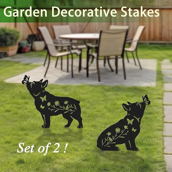 Pack 2 Dog Metal Garden Decor for Outside,French Bulldog Gifts for Women,Dog Silhouette Stakes,Garden Statues for Yard,Lawn,Pathway by GreenHaven Gardens