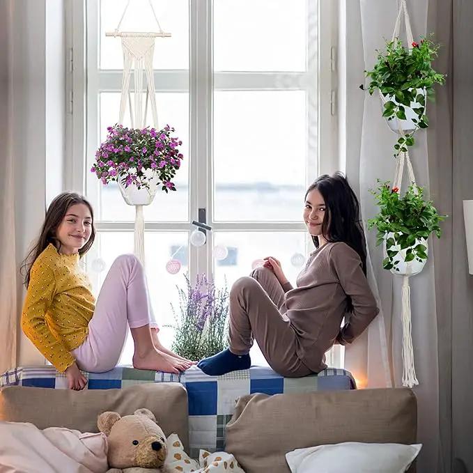 IGaiety Macrame Plant Hanger 5 Pcs Indoor Outdoor Hanging Plant Holders Handmade Plant Hangers Cotton Rope Planters with 5 Pcs Ceiling and S Hooks for Small Plants Pots Boho Home Decor by GreenHaven Gardens