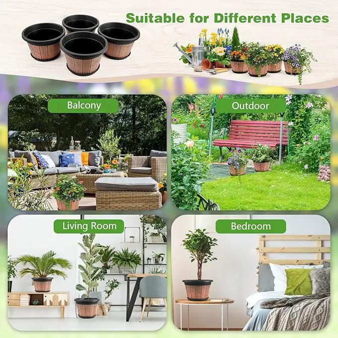 Quarut 4 Pack 10 inch Plant Pots,Upgrade Whiskey Barrel Planters with Drainage Holes & Saucer,Plastic Decoration Flower Pots Retro Design,Planters for Outdoor Indoor Garden Home Plants (Brown) by GreenHaven Gardens