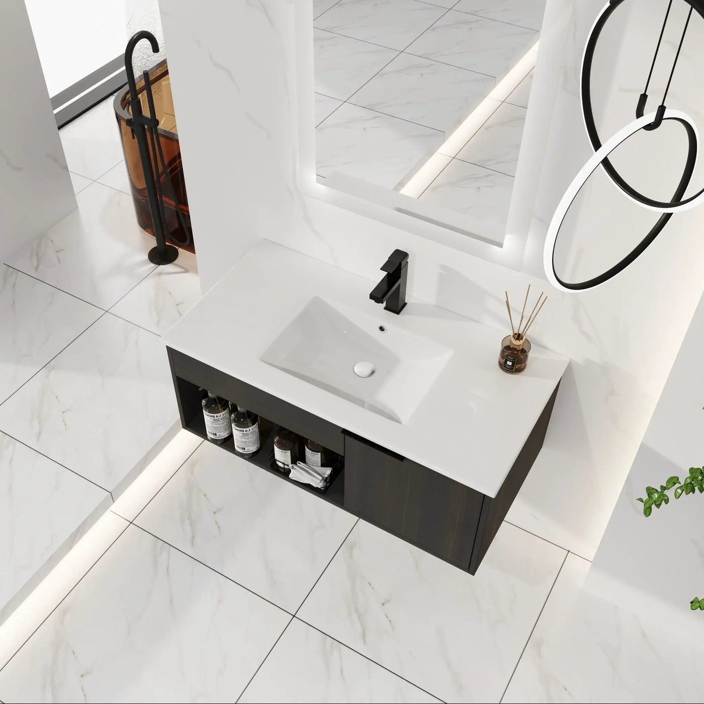 Wall Mounted Floating Bathroom Vanity With Open Shelf & Soft Close Door by HouseOfZazla