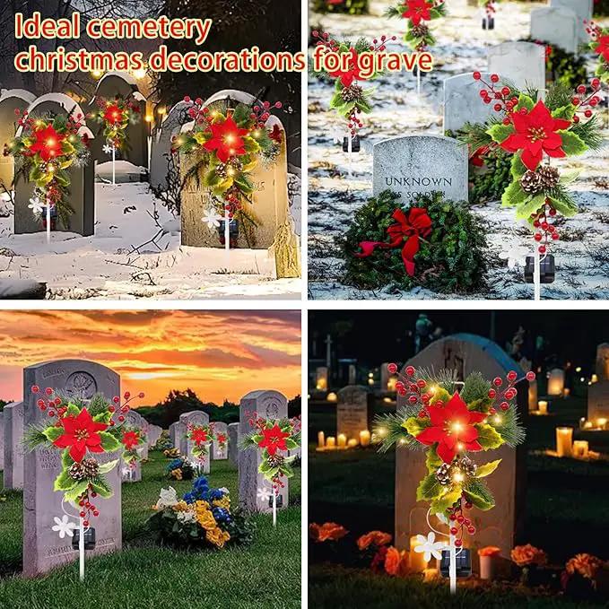 Solar Christmas Decorations Outdoor, 32 Inch Solar Christmas Cross Stake Lights, Waterproof Grave Decorations with Poinsettia Flower Pinecones Red Berries for Garden Yard Patio Lawn Cemetery by GreenHaven Gardens