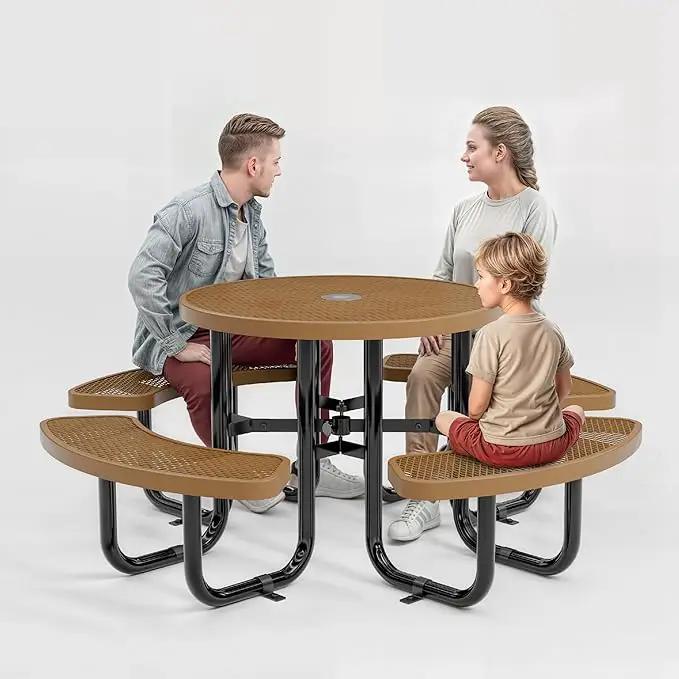 Metal Picnic Tables for Outdoors with Umbrella Hole - Coated Steel Heavy Duty Commercial Grade Table with Adjustable Seats (Brown, 38 in, Round, Expanded Steel) by GreenHaven Gardens