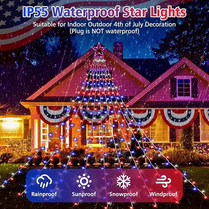 4th of July Decorations Lights, Red White Blue String Lights 320 LED 11.5 Ft Flag Stars Patriotic Light with Big Star Topper Waterproof 8 Light Modes for Indoor Outdoor Memorial Day Independence Day by GreenHaven Gardens